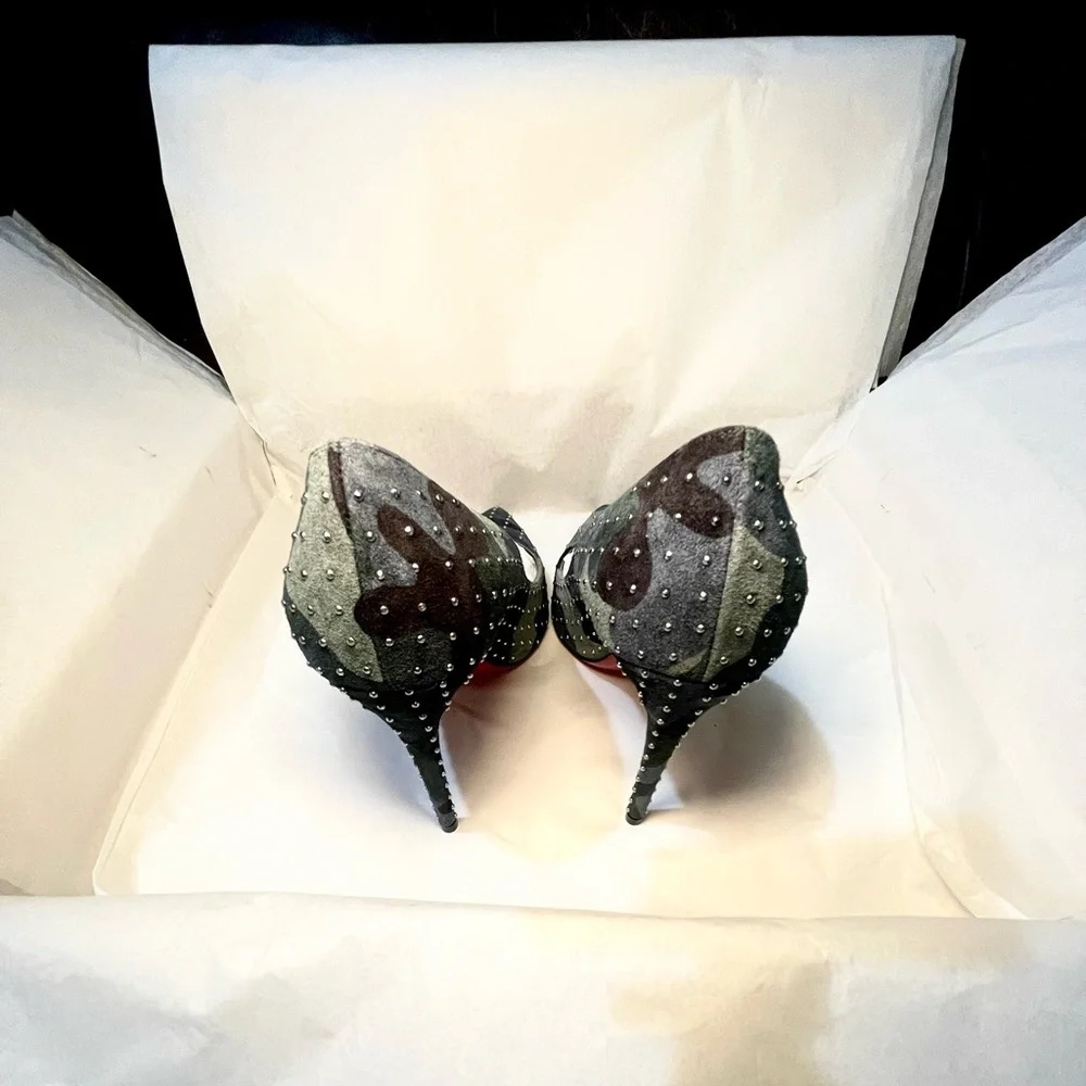 Christian Louboutin Kate 100 Studded blue green camouflage suede stiletto 38